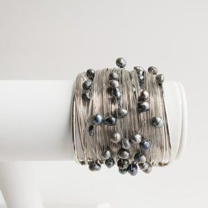 Artisan black peacock freshwater pearl wire wrap cuff bracelet silver tone